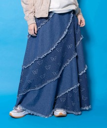 ScoLar（スカラー）の「161654：蝶刺繍or配色 スパイラル切替フリンジデニムスカート（デニムスカート）」