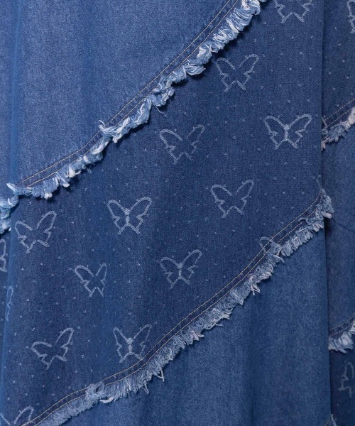 ScoLar(スカラー)の「161654:蝶刺繍or配色 スパイラル切替フリンジデニムスカート(デニムスカート・レディース・ネイビー/ブルー・M)」の9枚目の写真