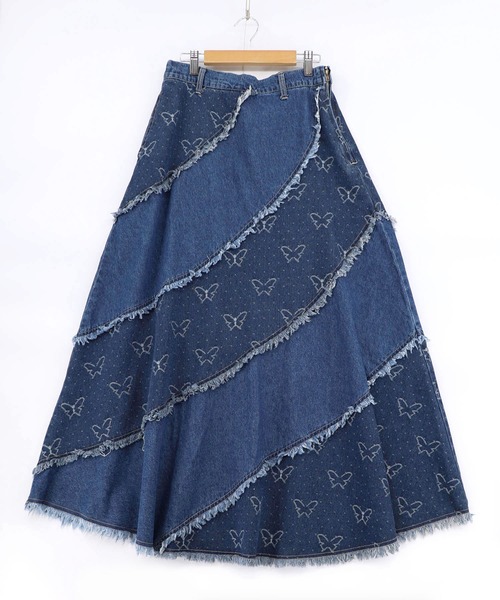 ScoLar(スカラー)の「161654:蝶刺繍or配色 スパイラル切替フリンジデニムスカート(デニムスカート・レディース・ネイビー/ブルー・M)」の12枚目の写真
