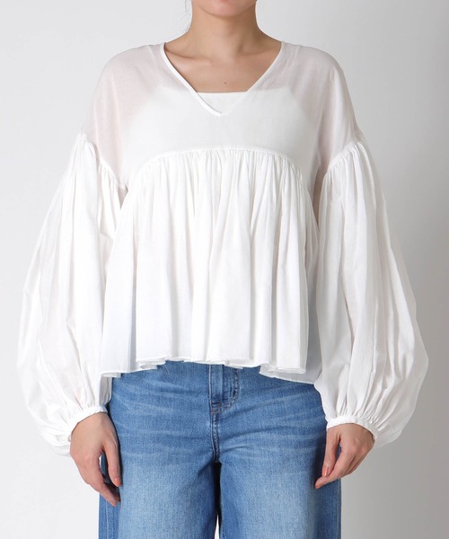 Jines（ジネス）の「コットンボイルボリュームブラウス（シャツ/ブラウス・レディース・ブラック/ホワイト/ブラウン/グリーン・38）」の17枚目の写真