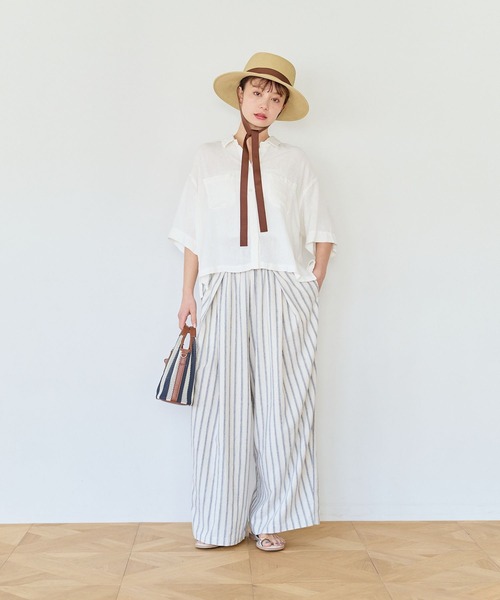 BAYFLOW（ベイフロー）の「リネンクロップド半袖シャツ（シャツ/ブラウス・レディース・グレー/オフホワイト/イエロー/ミント/ライラック・FREE）」の6枚目の写真