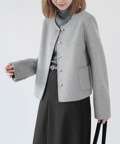 CHUN CHUN NOTES(チュンチュンノーツ)の「26SS/ノーカラーショートジャケット(ノーカラージャケット・レディース・ピンク/アイボリー/グレー・F)」の7枚目の写真