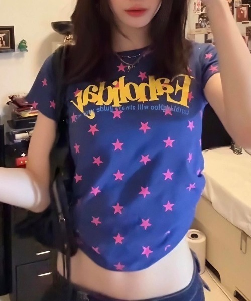 ViViDAY(ビビデー)の「フロント英字ロゴ 星柄ショートtシャツ(Tシャツ/カットソー・レディース・ブルー/ピンク/ブラウン/ミント・M)」の20枚目の写真
