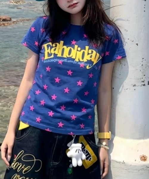 ViViDAY(ビビデー)の「フロント英字ロゴ 星柄ショートtシャツ(Tシャツ/カットソー・レディース・ブルー/ピンク/ブラウン/ミント・M)」の15枚目の写真