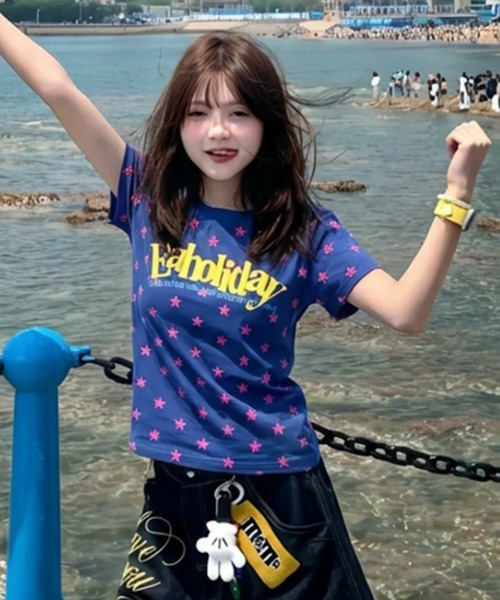 ViViDAY(ビビデー)の「フロント英字ロゴ 星柄ショートtシャツ(Tシャツ/カットソー・レディース・ブルー/ピンク/ブラウン/ミント・M)」の16枚目の写真