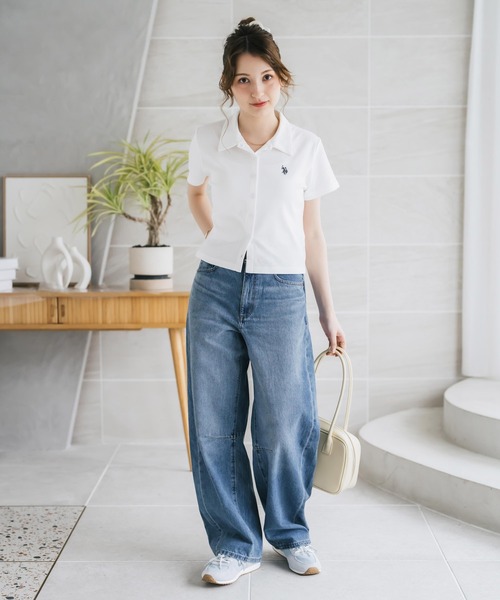 U.S. POLO ASSN.(ユーエスポロアッスン)の「U.S. POLO ASSN. ユーエスポロアッスン W's ショート丈ワンポイントロゴ刺繍スムース半袖シャツ(シャツ/ブラウス・レディース・ベージュ/ブラック×ホワイト/ブラウン/ブラック/オフホワイト・M/L)」の8枚目の写真