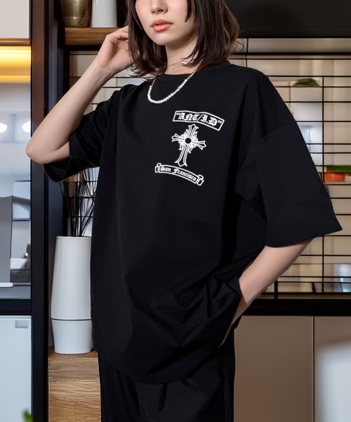 Candlestick(キャンドルスティック)の「クロス モチーフ ワッペン刺繍 ワイドシルエット ストレッチ 半袖T(Tシャツ/カットソー・レディース・ホワイト/スミクロ/ブラック・M/L)」の9枚目の写真