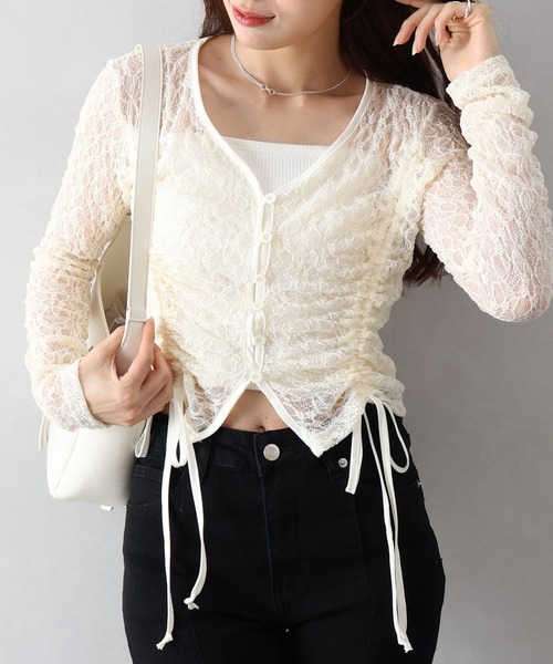 SpRay(スプレイ)の「レースシャーリングカーディガン(カーディガン/ボレロ・レディース・ホワイト/チャコールグレー/ブラック/ブラウン/アイボリー・FREE)」の1枚目の写真