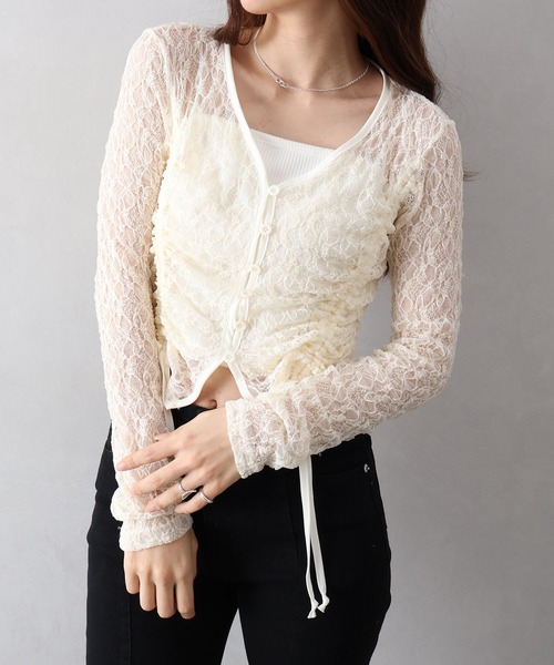 SpRay(スプレイ)の「レースシャーリングカーディガン(カーディガン/ボレロ・レディース・ホワイト/チャコールグレー/ブラック/ブラウン/アイボリー・FREE)」の6枚目の写真