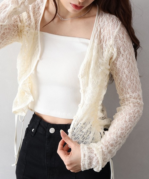 SpRay(スプレイ)の「レースシャーリングカーディガン(カーディガン/ボレロ・レディース・ホワイト/チャコールグレー/ブラック/ブラウン/アイボリー・FREE)」の7枚目の写真