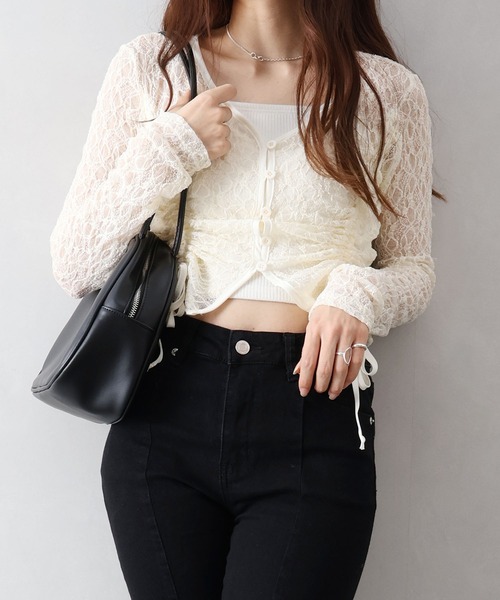 SpRay(スプレイ)の「レースシャーリングカーディガン(カーディガン/ボレロ・レディース・ホワイト/チャコールグレー/ブラック/ブラウン/アイボリー・FREE)」の10枚目の写真