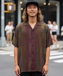 OAS（オーエーエス）の「SS SHIRT/OAS / アートストライプ オープンカラー半袖シャツ ブラウン×ボルドー 総柄 リゾートシャツ 開襟 夏（シャツ/ブラウス）」