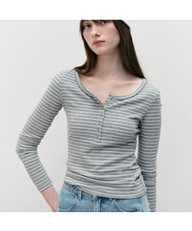 NUBASIC LACE BUTTON STRIPE T-SHIRT GRAY