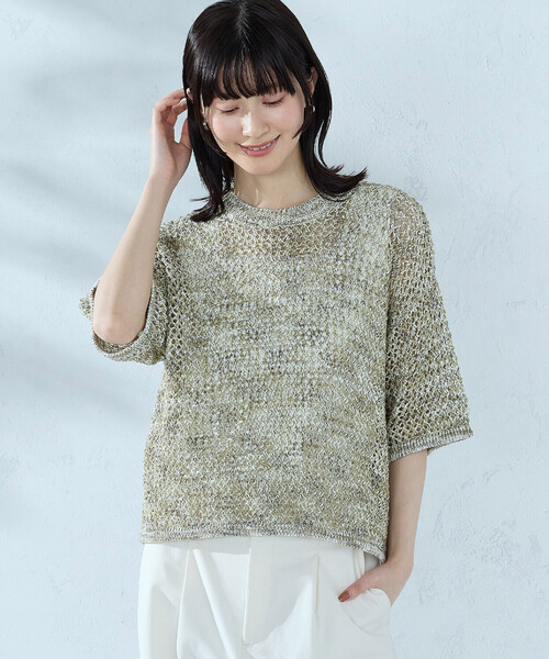COMME CA ISM(コムサイズム)の「ミックスカラーメッシュニット Tシャツ(ニット/セーター・レディース・ネイビー/ブラウン/グリーン・FREE)」の2枚目の写真