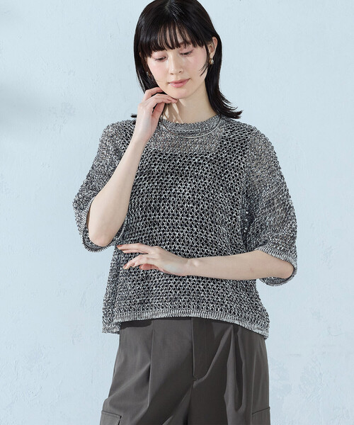 COMME CA ISM(コムサイズム)の「ミックスカラーメッシュニット Tシャツ(ニット/セーター・レディース・ネイビー/ブラウン/グリーン・FREE)」の21枚目の写真