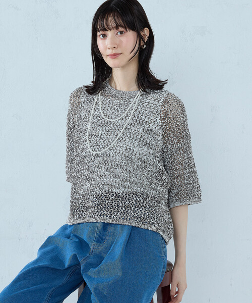 COMME CA ISM(コムサイズム)の「ミックスカラーメッシュニット Tシャツ(ニット/セーター・レディース・ネイビー/ブラウン/グリーン・FREE)」の16枚目の写真