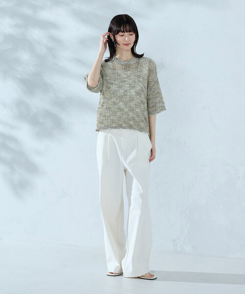 COMME CA ISM(コムサイズム)の「ミックスカラーメッシュニット Tシャツ(ニット/セーター・レディース・ネイビー/ブラウン/グリーン・FREE)」の14枚目の写真