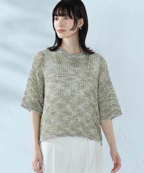 COMME CA ISM(コムサイズム)の「ミックスカラーメッシュニット Tシャツ(ニット/セーター・レディース・ネイビー/ブラウン/グリーン・FREE)」の13枚目の写真