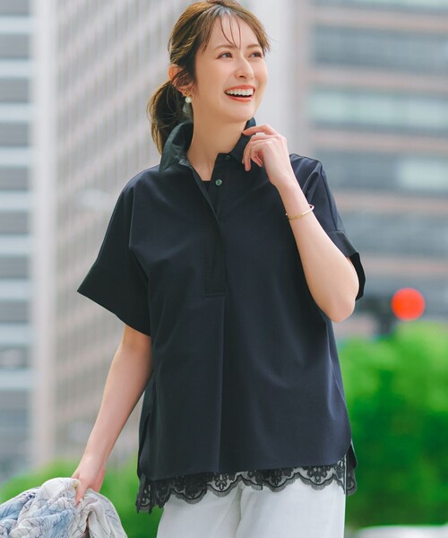 23区 L(ニジュウサンクオオキイサイズ)の「ファインツイストポンチ スキッパー カットソー(Tシャツ/カットソー・レディース・ダークブラウン系/ベージュ系/ネイビー系・44/46)」の3枚目の写真