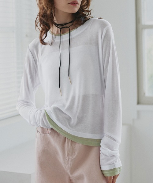 ad thie(アドティエ)の「バイカラー シアートップス(Tシャツ/カットソー・レディース・ブラック/パープル/ホワイト系2/ホワイト系1/ライトブルー・FREE)」の2枚目の写真