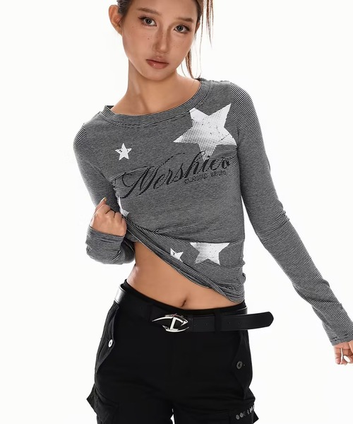 AsheKsha(アシクシャ)の「ストライプ長袖Tシャツ(Tシャツ/カットソー・レディース・ブラック・M)」の8枚目の写真