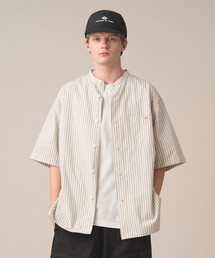DANTON(�_���g��)��Men's Cotton Linen Short Sleeve Band Collar Shirt Stripe(�V���c/�u���E�X)