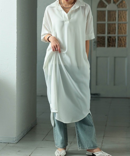 Sawa a la mode(サワアラモード)の「ライトジョーゼットスキッパーロングシャツ(シャツワンピース・レディース・ブラック/オフホワイト・FREE)」の1枚目の写真