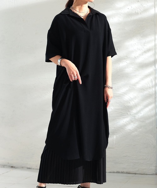 Sawa a la mode(サワアラモード)の「ライトジョーゼットスキッパーロングシャツ(シャツワンピース・レディース・ブラック/オフホワイト・FREE)」の2枚目の写真