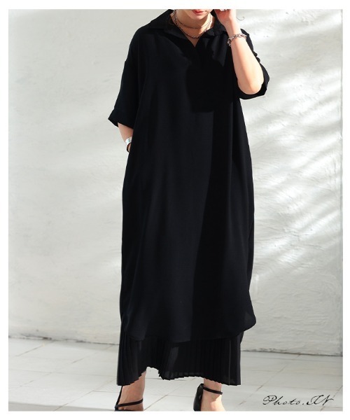 Sawa a la mode(サワアラモード)の「ライトジョーゼットスキッパーロングシャツ(シャツワンピース・レディース・ブラック/オフホワイト・FREE)」の3枚目の写真
