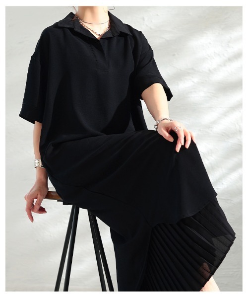 Sawa a la mode(サワアラモード)の「ライトジョーゼットスキッパーロングシャツ(シャツワンピース・レディース・ブラック/オフホワイト・FREE)」の5枚目の写真