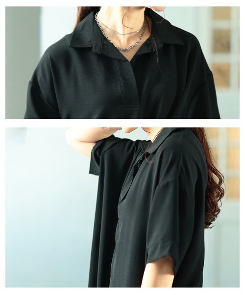 Sawa a la mode(サワアラモード)の「ライトジョーゼットスキッパーロングシャツ(シャツワンピース・レディース・ブラック/オフホワイト・FREE)」の6枚目の写真