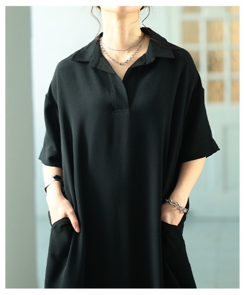 Sawa a la mode(サワアラモード)の「ライトジョーゼットスキッパーロングシャツ(シャツワンピース・レディース・ブラック/オフホワイト・FREE)」の8枚目の写真