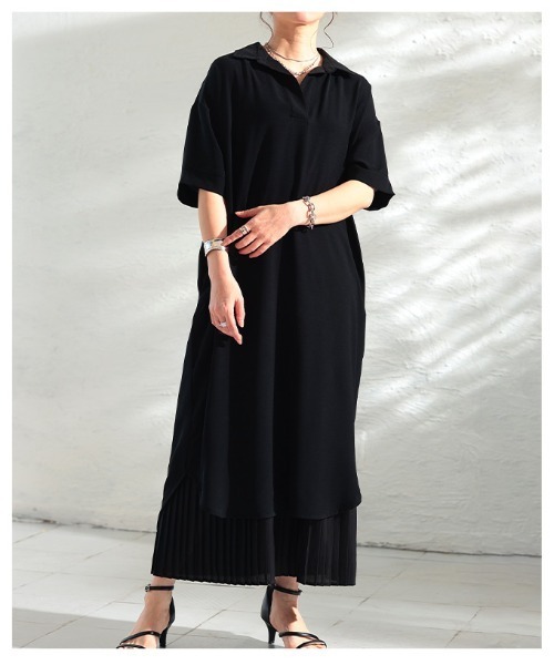Sawa a la mode(サワアラモード)の「ライトジョーゼットスキッパーロングシャツ(シャツワンピース・レディース・ブラック/オフホワイト・FREE)」の9枚目の写真