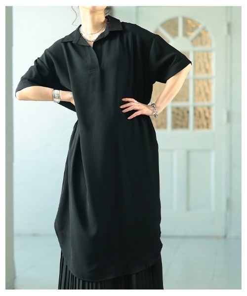 Sawa a la mode(サワアラモード)の「ライトジョーゼットスキッパーロングシャツ(シャツワンピース・レディース・ブラック/オフホワイト・FREE)」の11枚目の写真