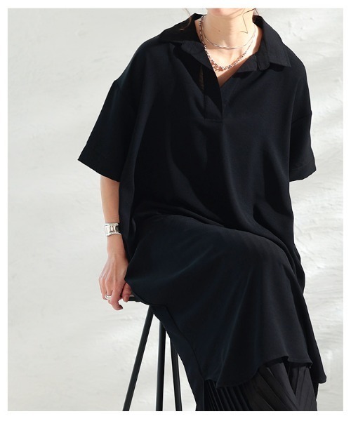 Sawa a la mode(サワアラモード)の「ライトジョーゼットスキッパーロングシャツ(シャツワンピース・レディース・ブラック/オフホワイト・FREE)」の12枚目の写真
