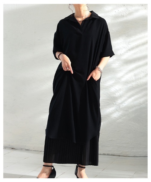 Sawa a la mode(サワアラモード)の「ライトジョーゼットスキッパーロングシャツ(シャツワンピース・レディース・ブラック/オフホワイト・FREE)」の13枚目の写真