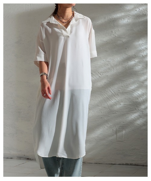 Sawa a la mode(サワアラモード)の「ライトジョーゼットスキッパーロングシャツ(シャツワンピース・レディース・ブラック/オフホワイト・FREE)」の22枚目の写真