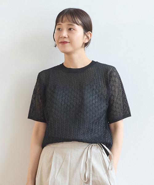 yuni(ユニ )の「12G和紙/pe 透かし編み T-shirt(ニット/セーター・レディース・ブラック/ホワイト・FREE)」の2枚目の写真