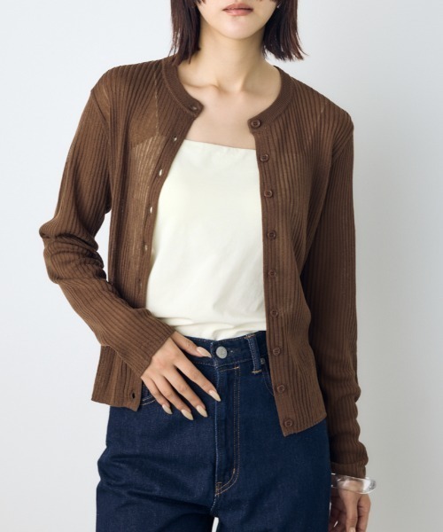 AZUL by moussy(アズールバイマウジー)の「【身長/骨格別着用画像あり】シアーリブ長袖ニットカーディガン 春服 夏服 秋服 シアートップス シアーカーディガン 羽織(カーディガン/ボレロ・レディース・ブラウン/オフホワイト/ブラック/ライトブルー・SMALL/MEDIUM)」の1枚目の写真