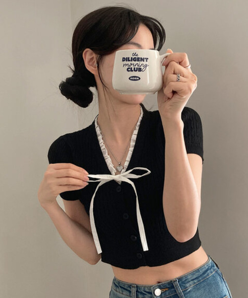 VIVID LADY(ビビッドレディー)の「フリルリボン ケーブルニット 半袖カーディガン(ニット/セーター・レディース・ブラック/グレー/アイボリー・FREE)」の14枚目の写真