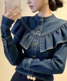 ノーカラーフリルデニムシャツジャケット