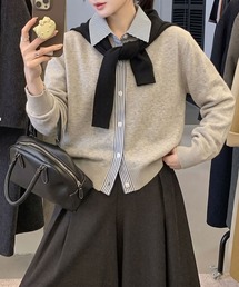 ストライプシャツレイヤード風 ニットカーディガン