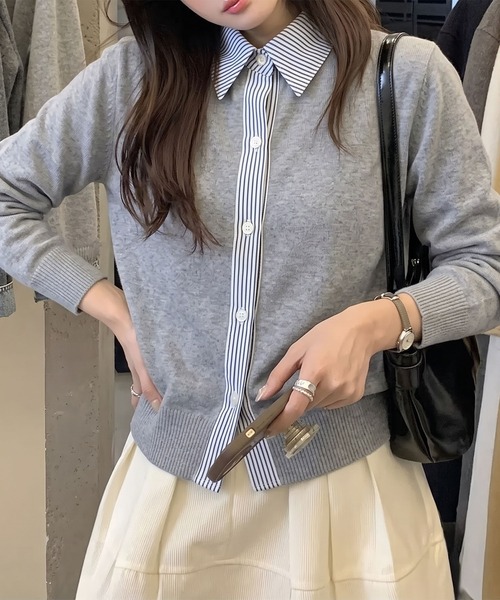 BLoomMe(ブルームミー)の「ストライプシャツレイヤード風 ニットカーディガン(カーディガン/ボレロ・レディース・ベージュ/ライトグレー/オフホワイト・M)」の7枚目の写真