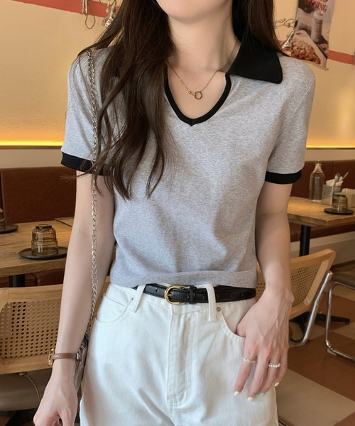 Girly Doll(ガーリードール)の「バイカラー半袖ポロカットソー(Tシャツ/カットソー・レディース・ホワイト/ブラック/グレー・L/M)」の1枚目の写真