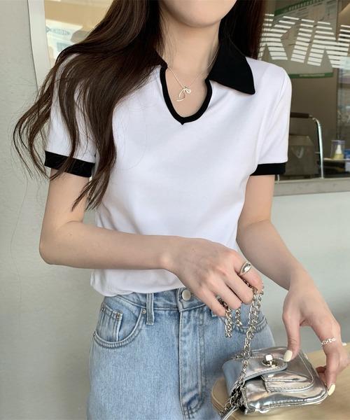 Girly Doll(ガーリードール)の「バイカラー半袖ポロカットソー(Tシャツ/カットソー・レディース・ホワイト/ブラック/グレー・L/M)」の2枚目の写真