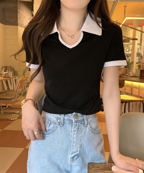 Girly Doll(ガーリードール)の「バイカラー半袖ポロカットソー(Tシャツ/カットソー・レディース・ホワイト/ブラック/グレー・L/M)」の3枚目の写真