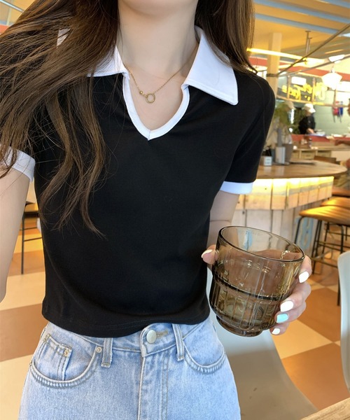 Girly Doll(ガーリードール)の「バイカラー半袖ポロカットソー(Tシャツ/カットソー・レディース・ホワイト/ブラック/グレー・L/M)」の4枚目の写真