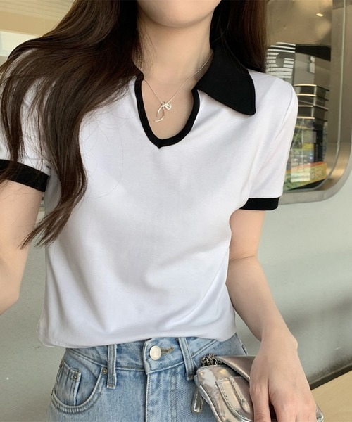 Girly Doll(ガーリードール)の「バイカラー半袖ポロカットソー(Tシャツ/カットソー・レディース・ホワイト/ブラック/グレー・L/M)」の6枚目の写真