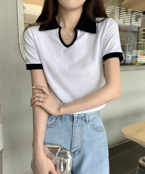 Girly Doll(ガーリードール)の「バイカラー半袖ポロカットソー(Tシャツ/カットソー・レディース・ホワイト/ブラック/グレー・L/M)」の7枚目の写真