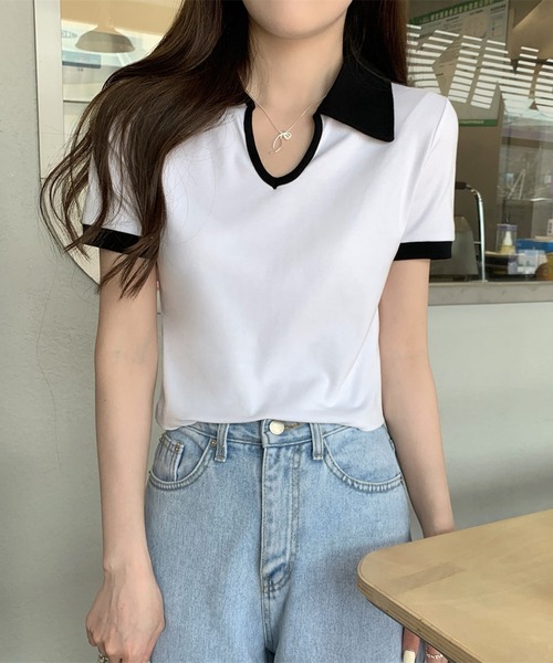 Girly Doll(ガーリードール)の「バイカラー半袖ポロカットソー(Tシャツ/カットソー・レディース・ホワイト/ブラック/グレー・L/M)」の8枚目の写真